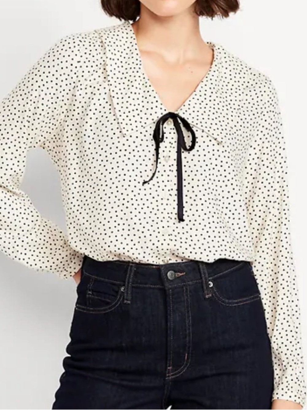 Old Navy Women’s Crepe Cream Button Down Polka Dot Blouse with Black Tie Size M